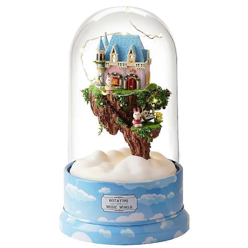 Cute Dollhouse DIY Miniature with LED Light Forest Rotate Music Box with Dust Cover blue