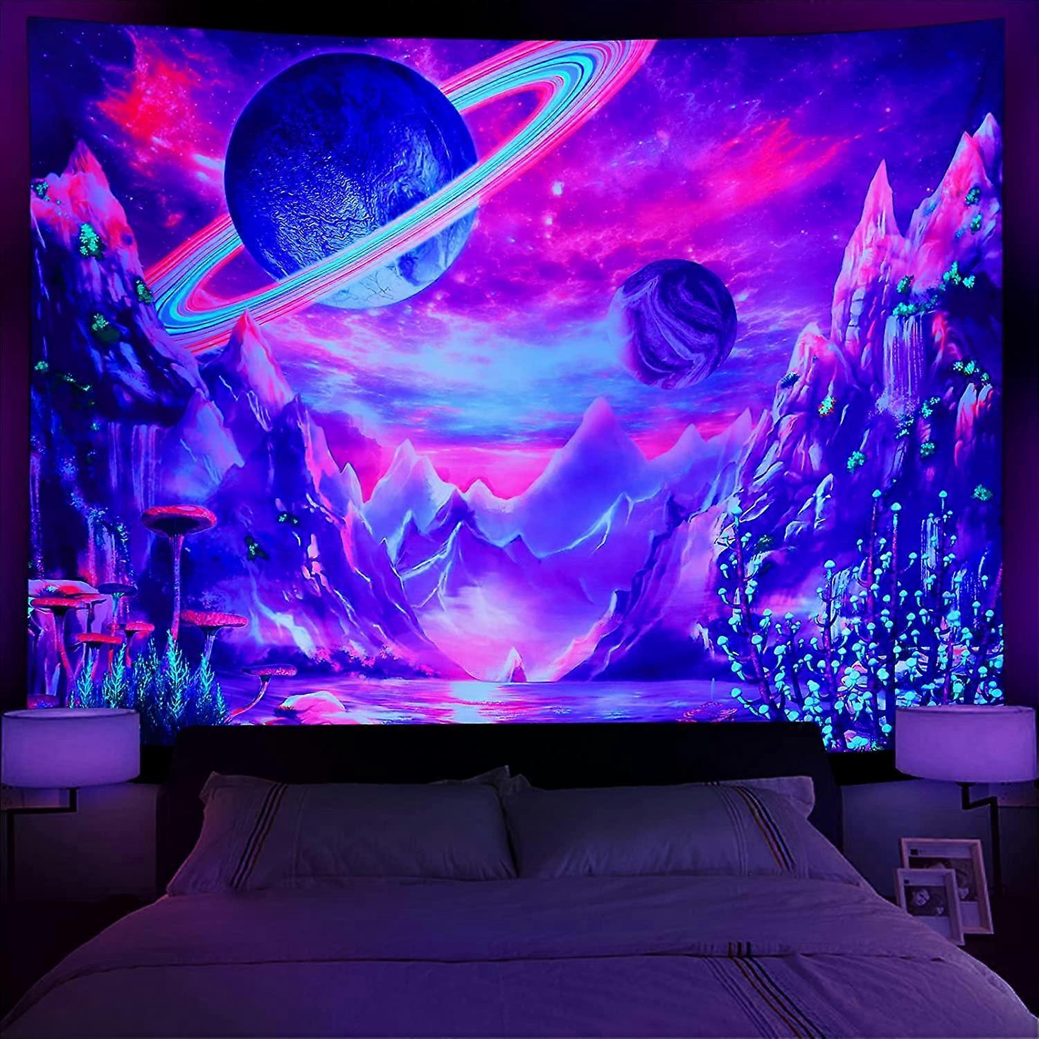 Heytea Blacklight Planet Tapestry UV Reactive Galaxy Space Tapestry Trippy  Mountain Tapestry Black Light Tapestries Neon Aesthetic Tapestry for Bedroo