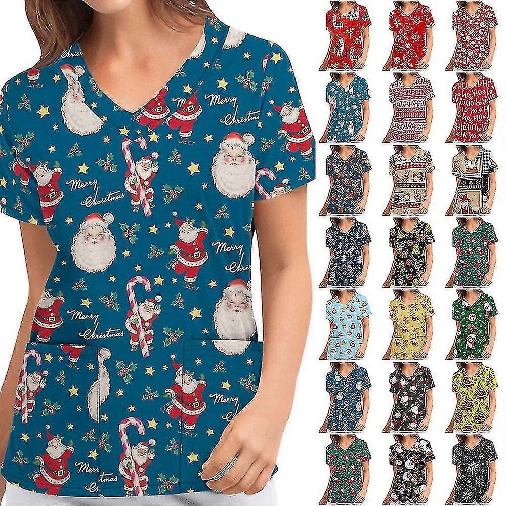 Natale Donne Infermieristica Uniforme Scrub Manica Corta T-shirt Xmas Camicetta Tee Top Scollo a V - F