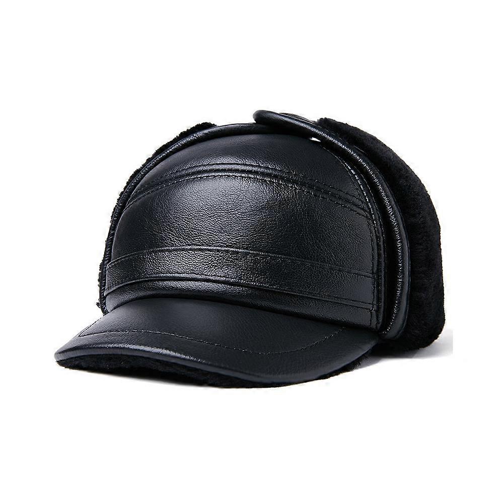 SZTXJ Uomini 100% Cappello In Vera Pelle Di Mucca Inverno Caldo All'aperto Proteggere Orecchio Tappo In Vera Pelle Per L'inverno Fodera Calda (stile dei capelli nero) 2XL {59-60 cm}