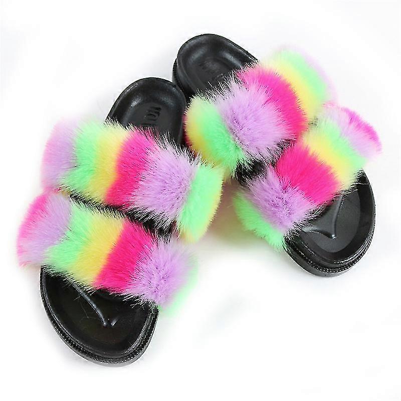 Evago Women's Fluffy Faux Fur Slippers Comfy Open Toe Two Band Slides With Pvc Sole