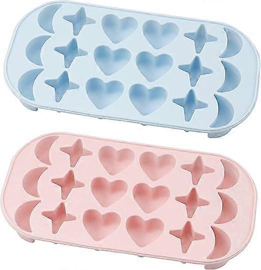 (Light Blue + Light Pink) 2 Pack Silicone Ice Cube Trays with Clear Lids for Freezer, Coffee, Juice and Drinks