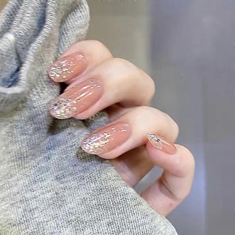 24pcs Glitter Nail Patch Sweet Style Removable Long Paragraph Manicure Save Time Glue Type