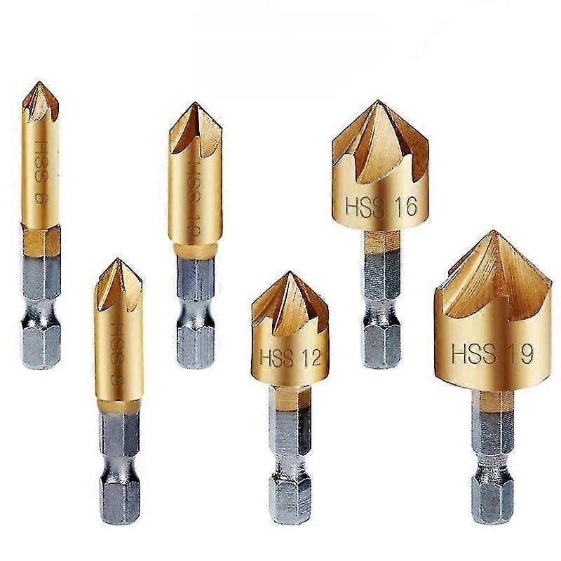 6pcs 5 Flute Countersink Drill Bit Set 90 Counter 6-19mm Sink Chamfer Cutter