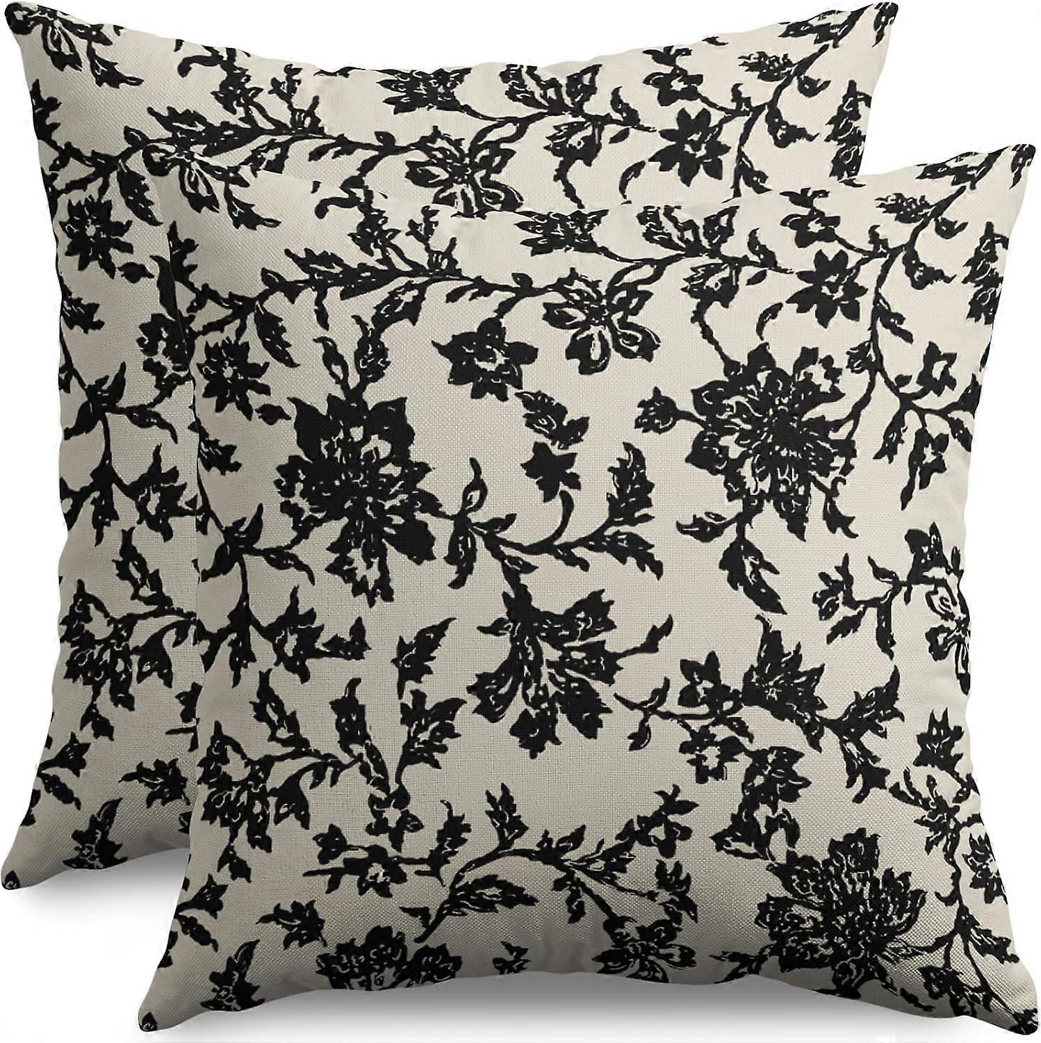 Black Floral Block Print Pillow Covers 20x20 Set of 2 Rustic Old Style Modern Vintage Flower Pattern Cream Decorative Throw Pillow Cases Outdoor Farmh