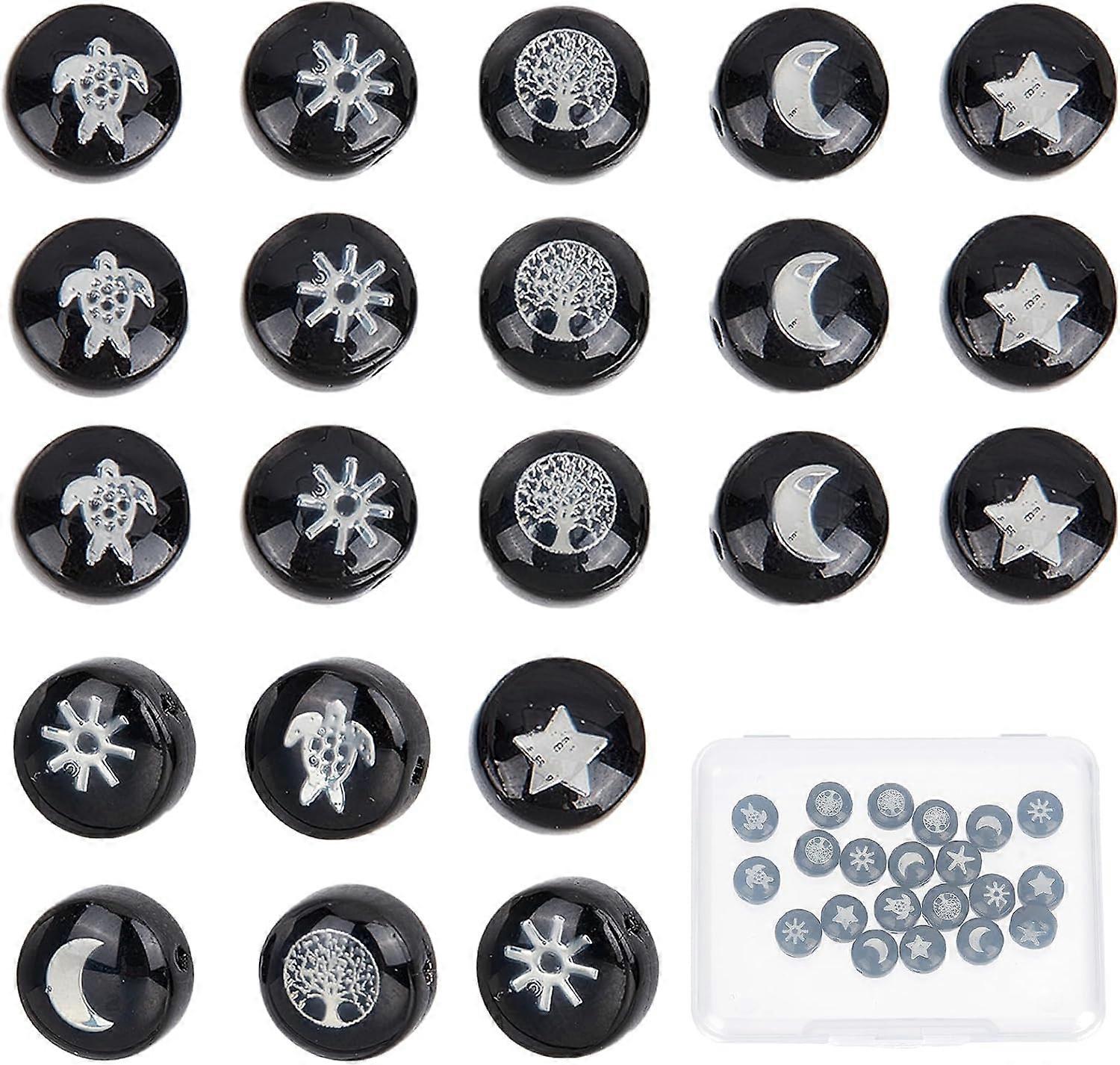 1 Box 30Pcs Lampwork Glass Beads Tree of Life Handmade Bead Black Flat Round Glass Beads Turtle Sun Moon Star Charm Bead Loose Spacer Beads for Jewelr