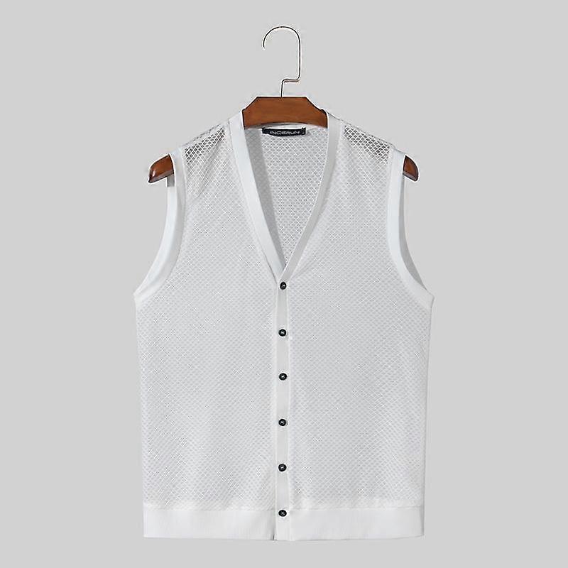 INCERUN Men Summer V Neck Sleeveless Button Down Mesh Fishnet Tank Tops