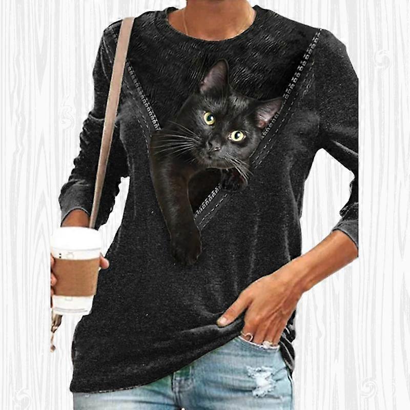 Kvinner Høst Topper Løs Katt Under Glidelås Trykt mønster Kausal Langermet T-skjorte Topp Bluse