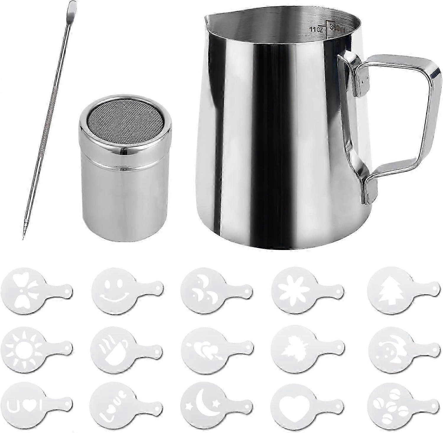 Pichet à lait en acier inoxydable 304 avec graduation, pichet à lait de 350 ml (12 oz), pichet à lait avec stylo Latte Art, pichet à lait pour faire mousser le café ou le cappuccino