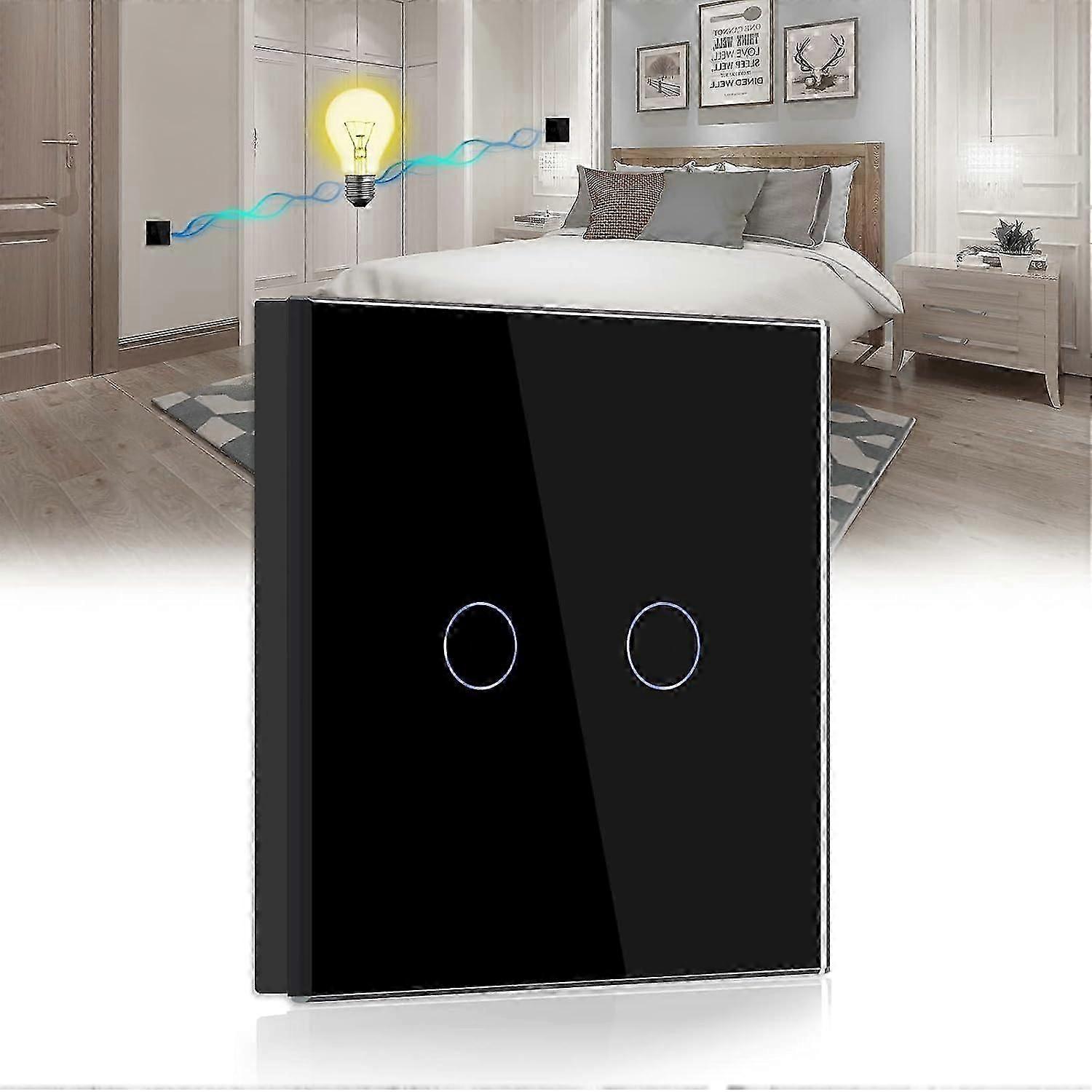 Tactile toggle switch,Black 2 Gang 2 Way Light Switch with LED Display Light,Tactile Switch with Tactile Sensor Crystal Glass Panel-No Neutral wire
