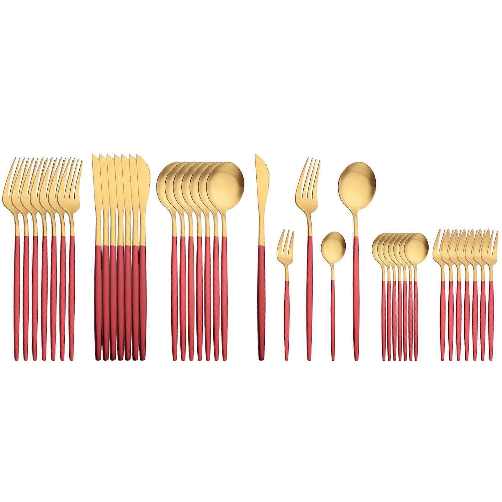 40pcs Matte Red and Gold Stainless Steel Flatware Set for 8, Includes Cake Forks and Teaspoons, Dishwasher Safe