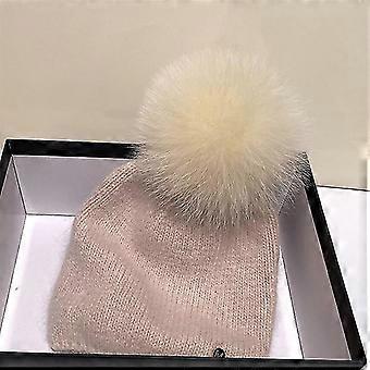 New Winter Real Rabbit Fur Knitted Beanies For Women Fashion Solid Warm Real Fox Fur Pompom Hat Beanies Female Warm Thick Hats