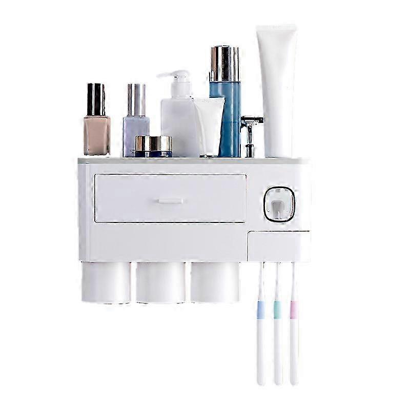 2025 Wall Mounted Toothbrush Holder Multi Function Magnetic Absorption Bathroom Storage Rack with Drawer Toothpaste Dispenser