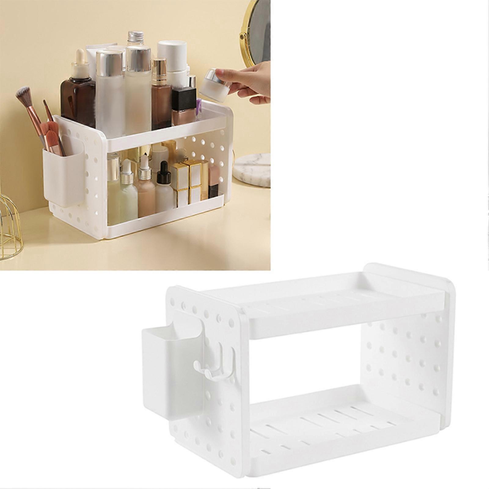 Double Layer Desktop Storage Rack Plastic Makeup Shelf Foldable Office Stationery Organizer 