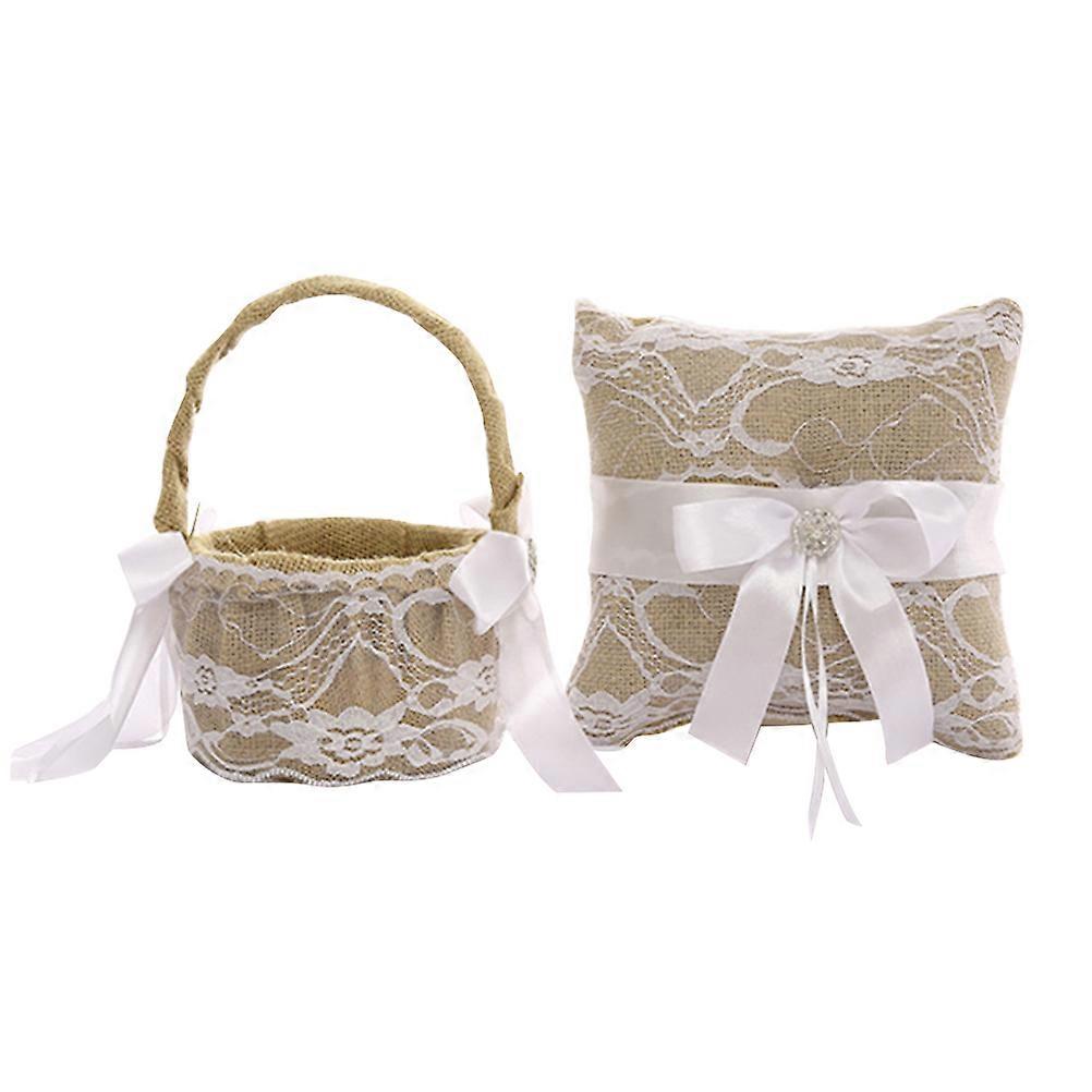 Lace Ring Pillow Knot Cushion Beige Color Square Shape Wedding Table Decor Couples Use 1Set