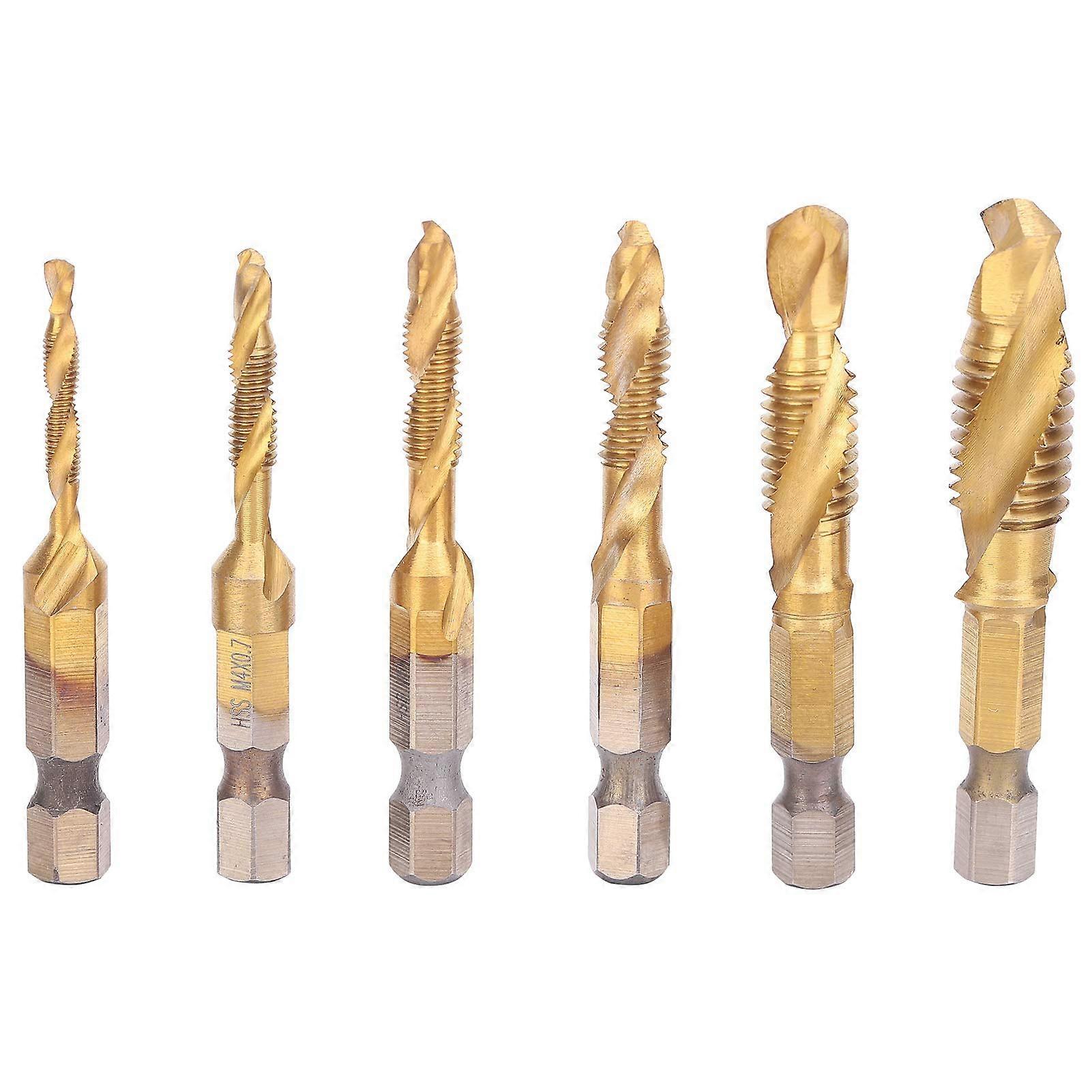 6pcs Screw Tap Drill Bit Set 6542 High-Speed Steel with Titanium Coating for Metal Processing Tools