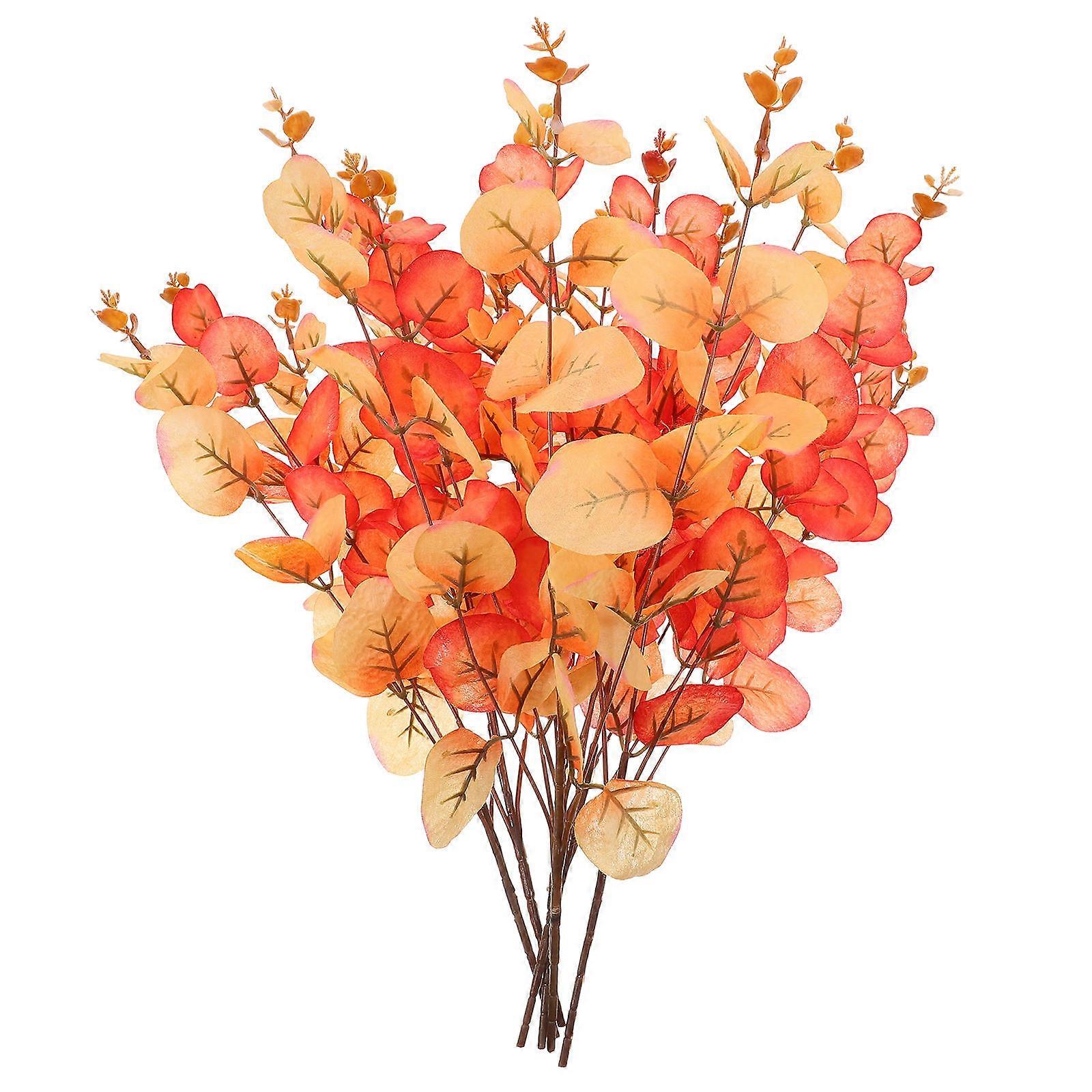 6PCS Faux Eucalyptus Stems with Yellow & Orange Leaves, Realistic PVC & Cloth Artificial Branches for Halloween, Home, Office Decor and Floral