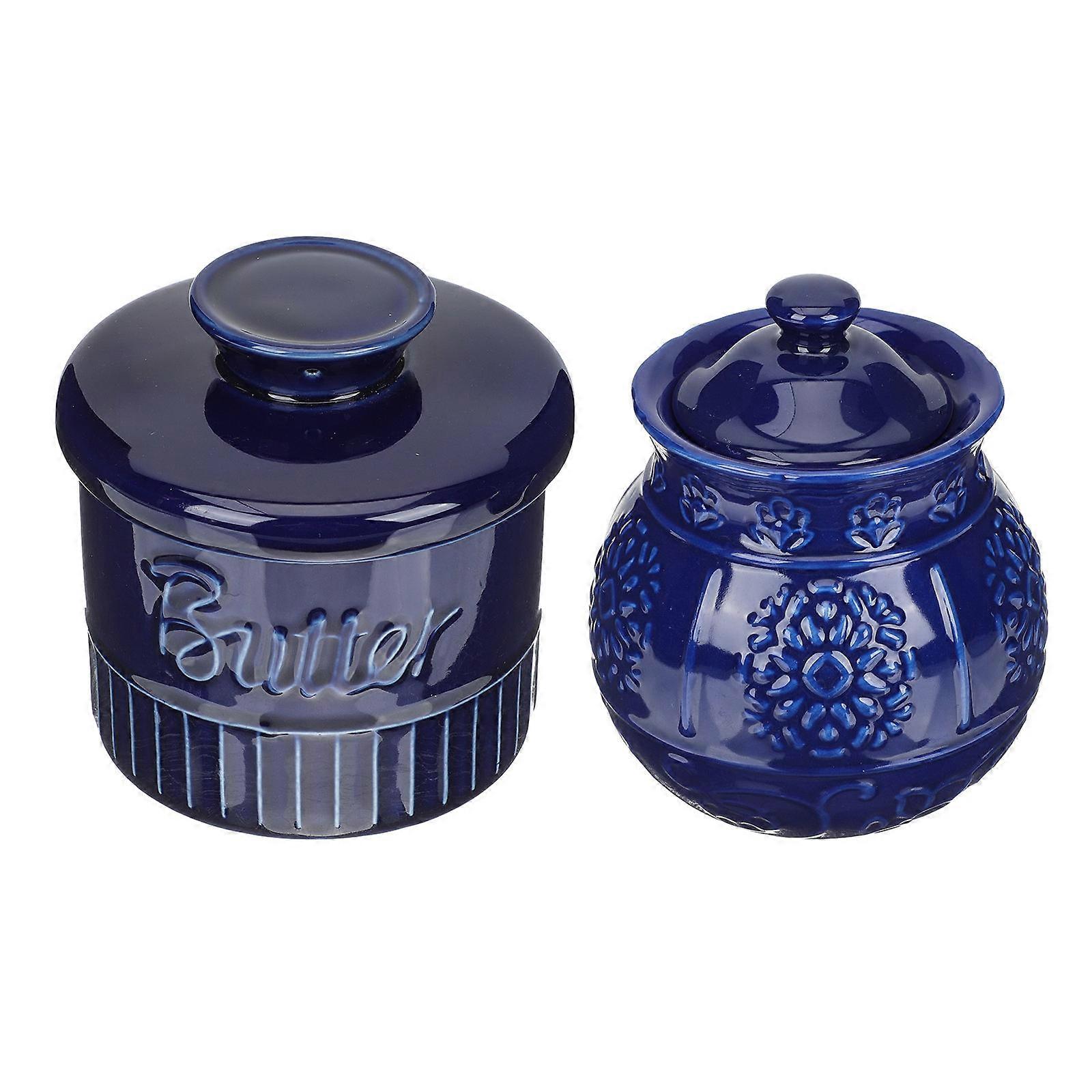 Ceramic Butter Keeper Retro Condiment Jar Maintain Flavor For Household Use 2Pcs