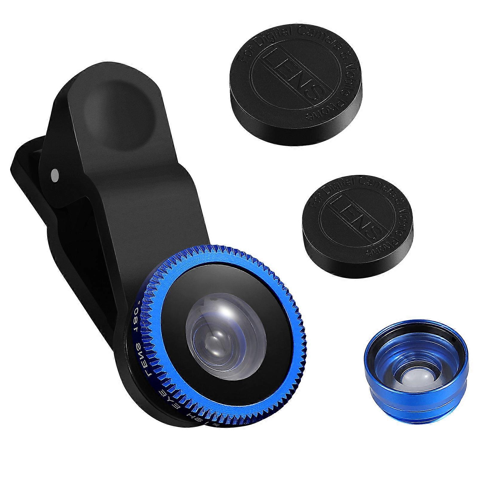 Universal Phone Lens Kit Cell Phone Camera Lens 3-In-1 Design For Smartphone Users Blue Aluminum Alloy Glass Fisheye Photography 1Set