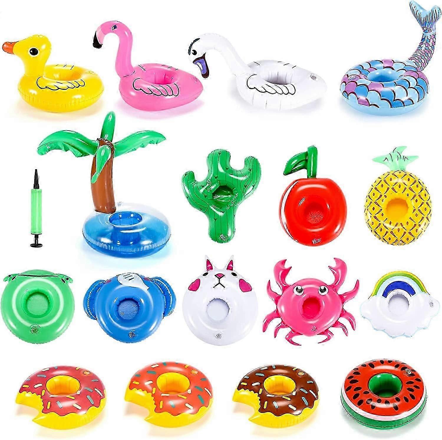 17 Pack Inflatable Drink Holders, Inflatable Cup Holders, Pool Drink Floats, Variety Drink Floaties Coasters with Air Pump, for Swimming Pool Parties