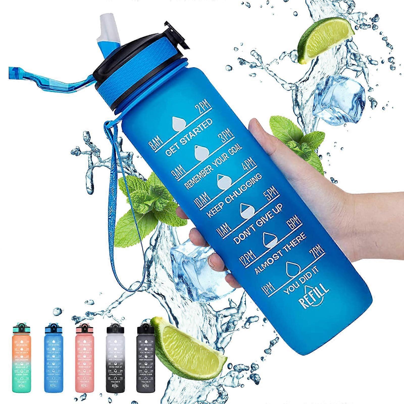 Sports Water Bottle 1L with Time Marker and Straw, Leakproof Dark Blue Design for Hiking, Gym, Cycling, School