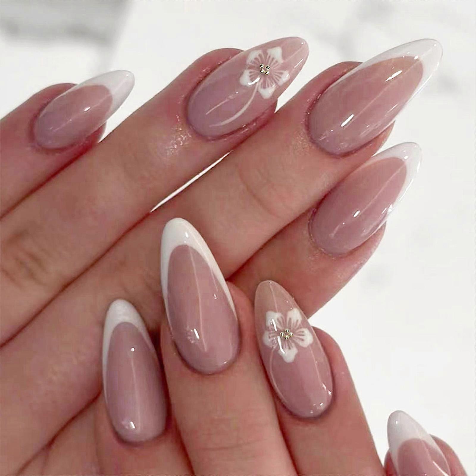 24 יחידות שקד לחץ על ציפורן פרח עיצוב צרפתי מזויף ציפורן אקריליק ציפורן מלאכותית, דבקי ציפורניים מלאכותיים על ציפורן לנשים