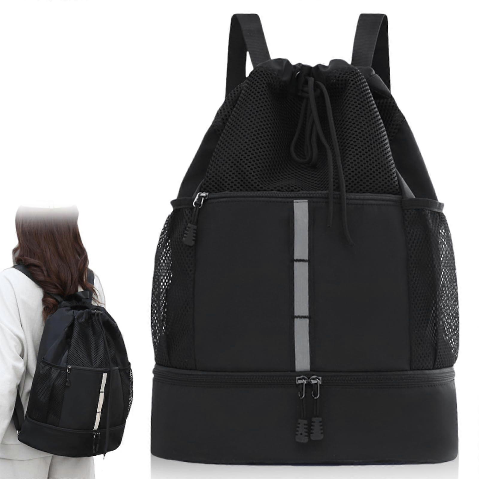 Gym Bag With Drawstring Black Waterproof Football Bag For Travel And Sports With Bottom Compartment And Outer Pocket