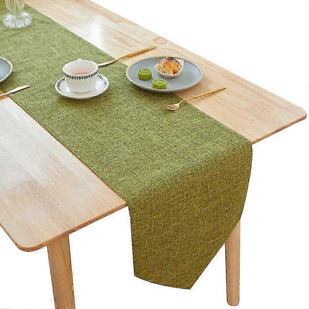 Wipeable Green Linen Table Runner for Dining Room & Kitchen - Decorative Table Cover Available in 180/210/240CM Sizes