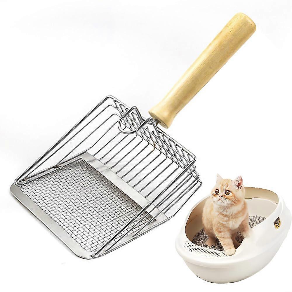 Cat Litter Scoop with Wooden Handle, Durable Metal Cat Litter Scoop for Kittens, Pet-Friendly Litter Tray Tool