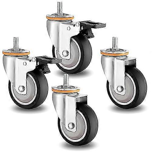 High-Performance Rubber Casters 4-Pack, 2.5-5 Inch M10 M12 Threaded Swivel Wheels with Brakes for Carts and Furniture