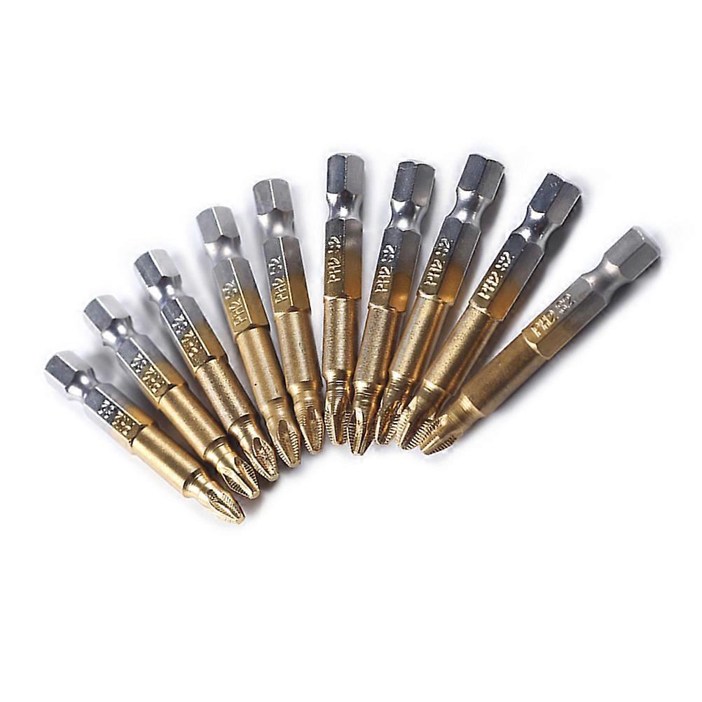 10 pcs 50mm Long Titanium Coated Hex PH2 Magnetic Screwdriver Bit Set
