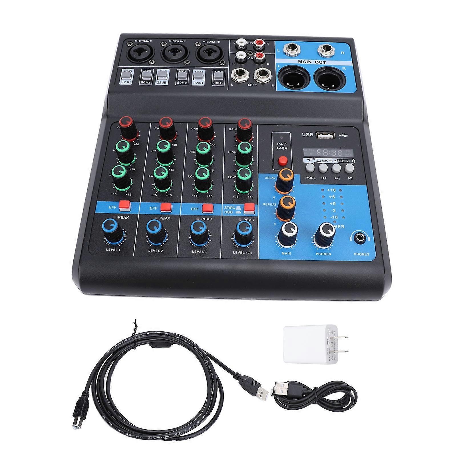 DJ Mixer 5 Channels Multifunctional Reverberation Delay Effect Sound Board Console 100‑240V US Plug