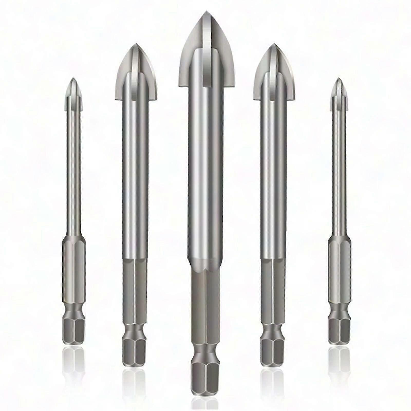 5-Piece Cross Hex Tile Drill Bit Set for Glass, Plastic, Concrete - Universal Drilling Tool (Silver)