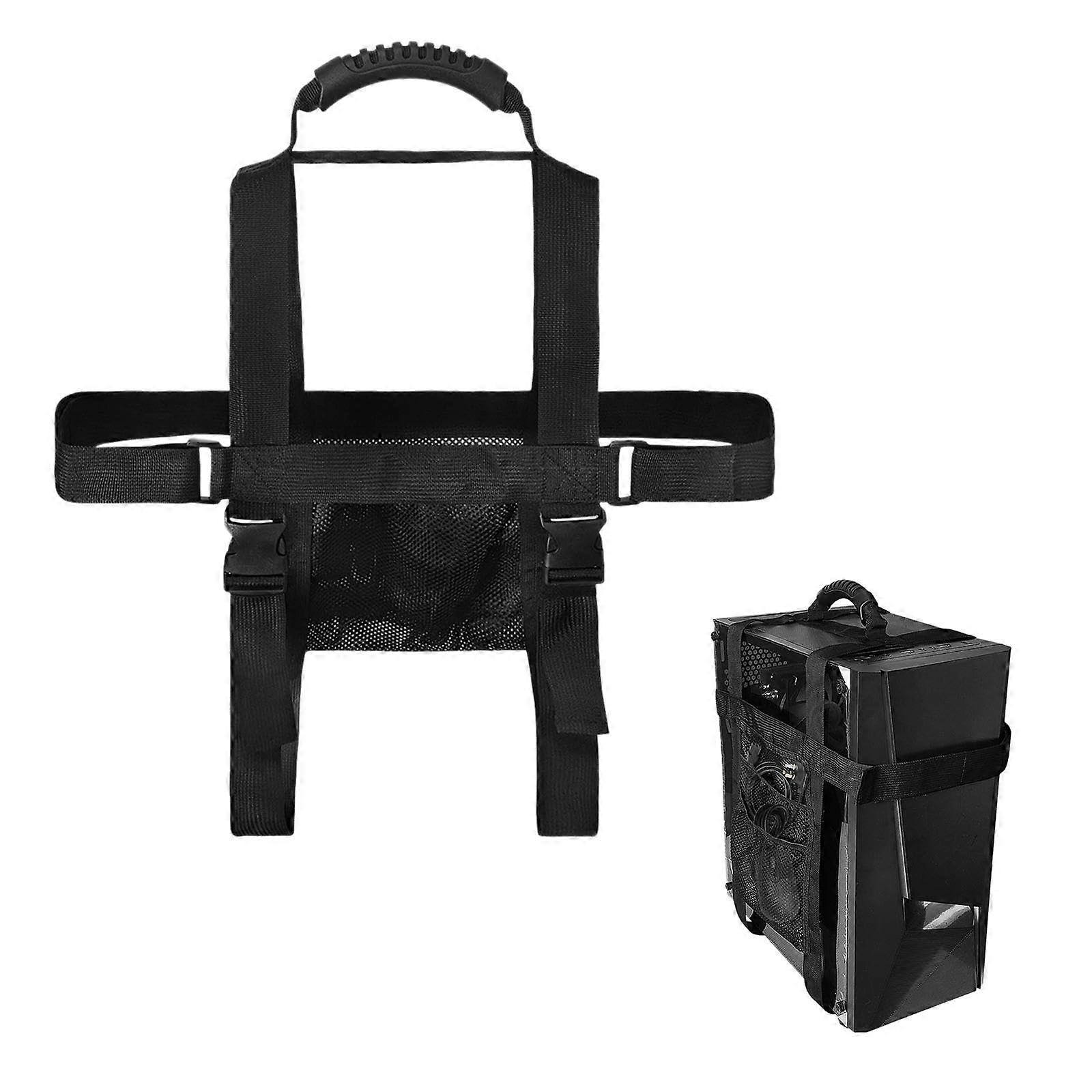 Office PC Tower Carrying Strap Adjustable Desktop PC Case Belt Holder Travel Carrier with Handle and Pockets for Easy Transport