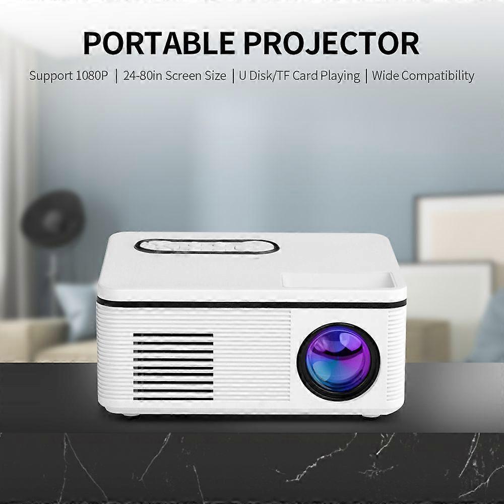 1080P Portable Projector with AV/HD/AUX/USB Interface 24-80in Screen Size Support U Disk/TF Card Playing White, EU Plug