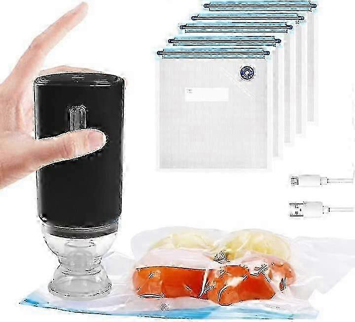 Cordless and USB Rechargeable Vacuum Food Sealing Device with 5 Reusable Zipper Bags for Air Sealing