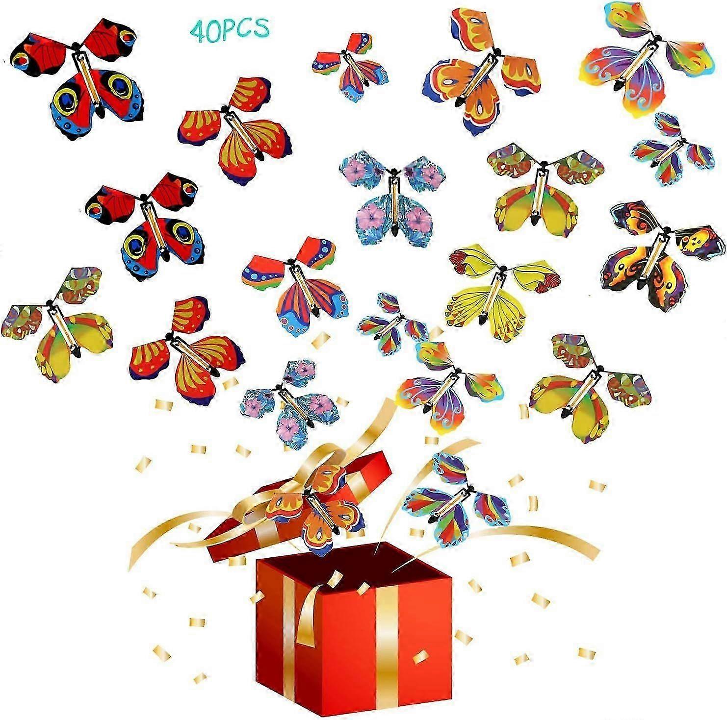 40 PCS Magic Flying Butterfly Toys - Wind-up Rubber Band Powered Decoration Random Color