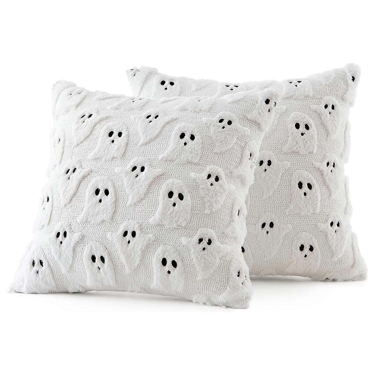 Halloween Ghost Throw Pillow 2Pcs Soft Plush Faux Fur Decorative Cushion Covers for Sofa Bed Halloween Decoration