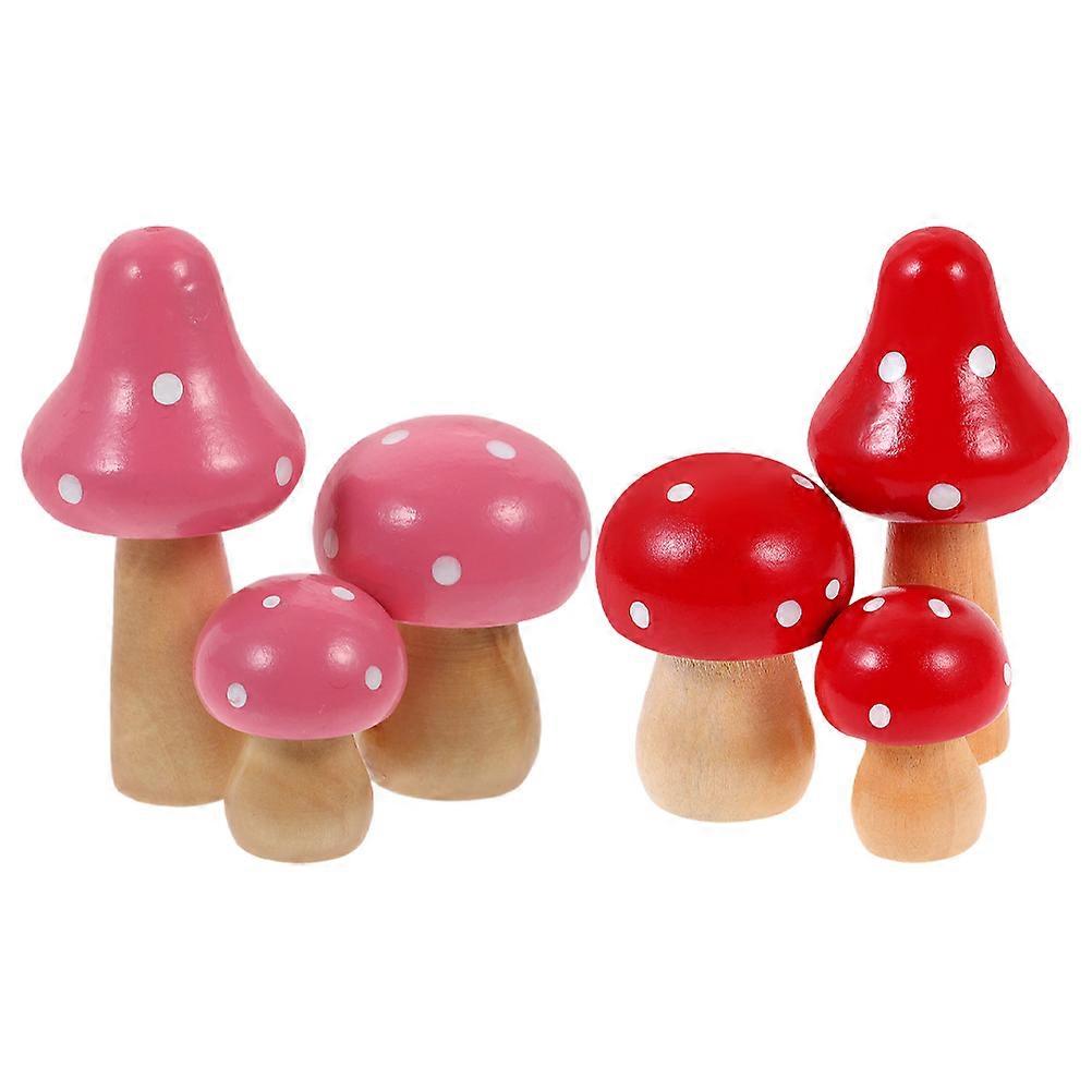 Tiny Wooden Mushroom Figurines for Decoration Set of 6 Pieces