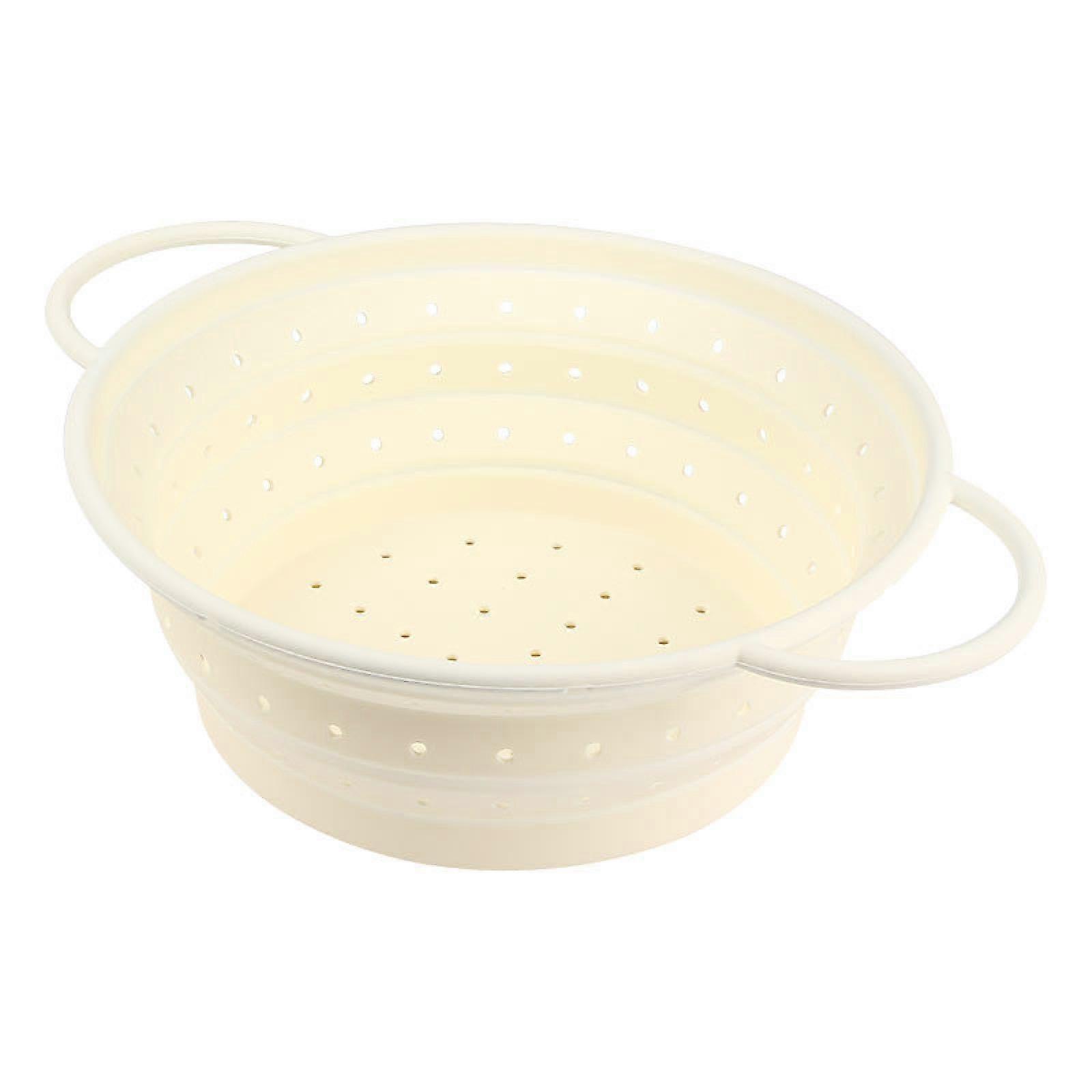 Silicone Round Retractable Drain Basket, Large Off-White Folding Vegetable and Fruit Colander, Kitchen Utensils