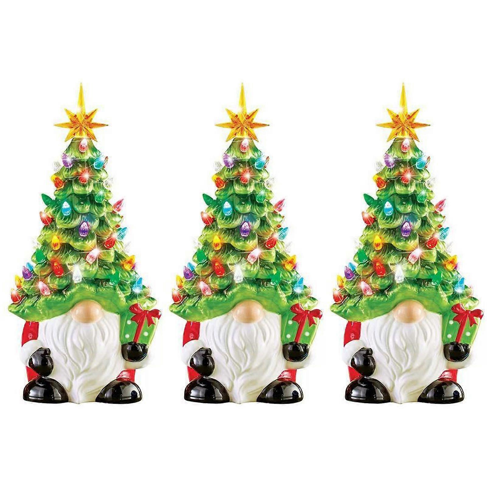 Lighted-Resin Gnome Figurine with Xmas Tree Hat Battery Operated Xmas Gnome Ornament for Christmas Centerpiece