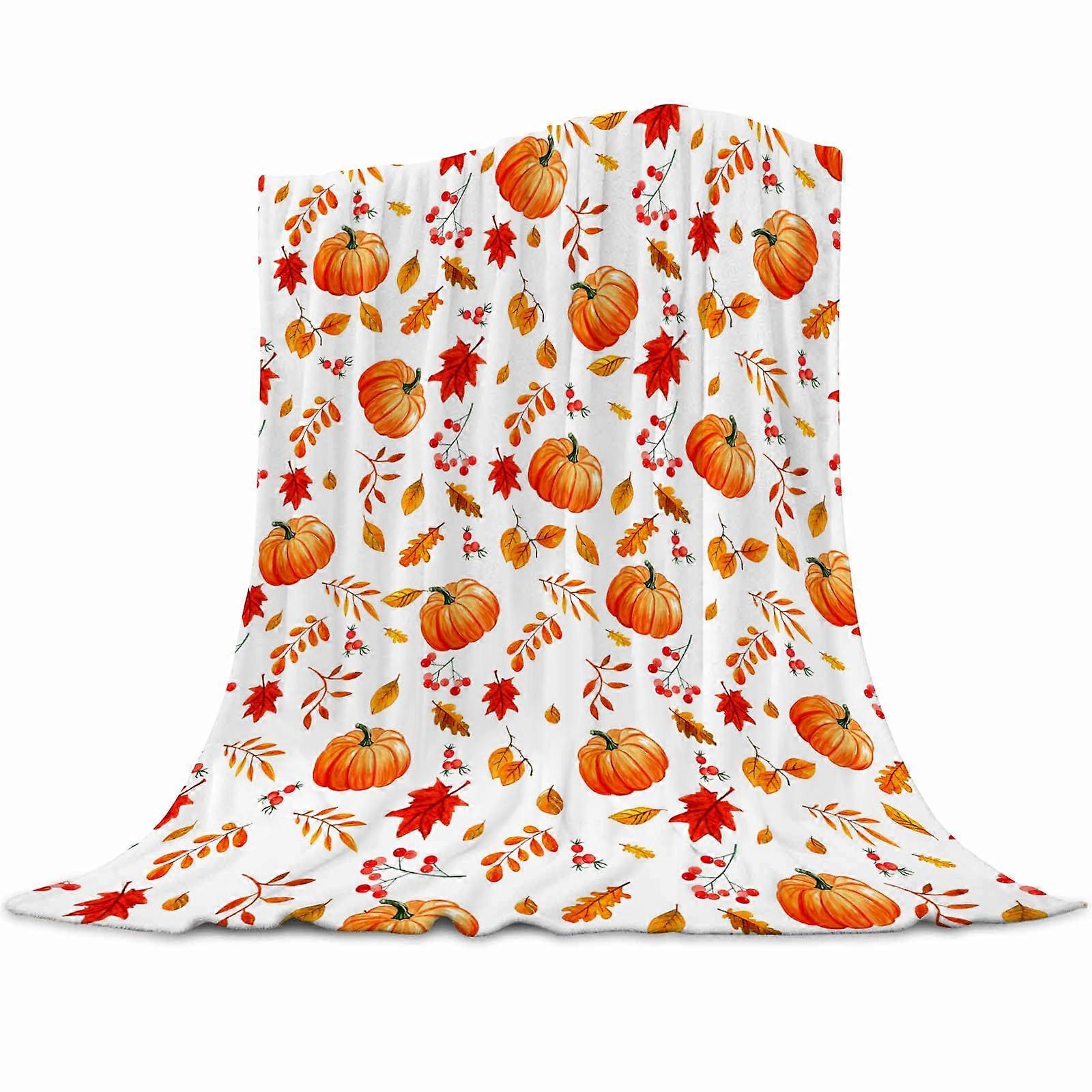 Ultra Soft Fall Throw Blanket Pumpkins And Maples Pattern Flannel Fleece 40x50 Inches Bed And Sofa