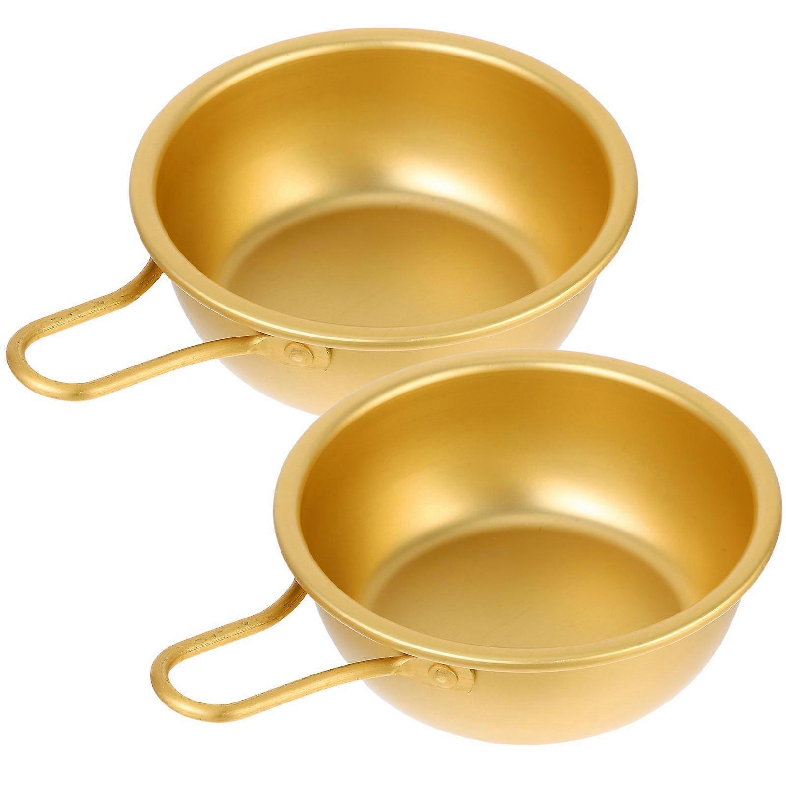 Korean Soup Bowl 2Pcs Round With Handle For Home Restaurant Hotel Usage Golden Aluminum Prevents Burns