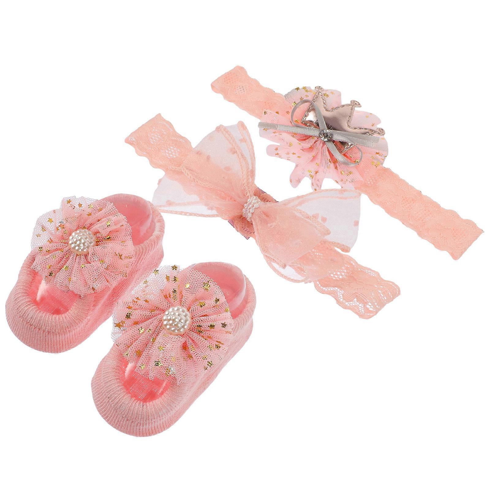 Pink Baby Socks and Lace Headbands Newborn Photography Props Set 6Pcs