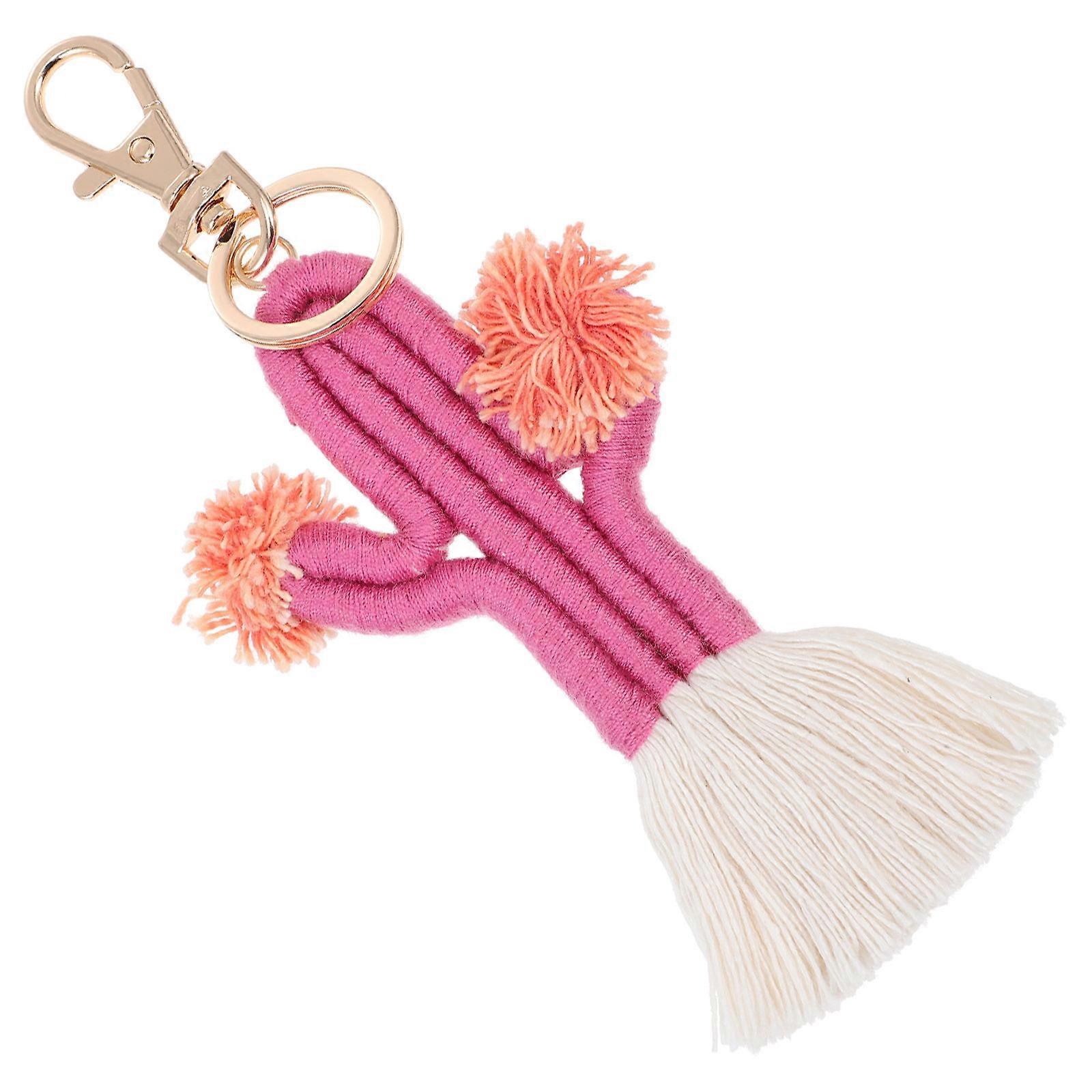 Keyring Pendant Handwoven Keychain Pink Color Cactus Shape Easy To Use Not Easy To Damage 1Pcs