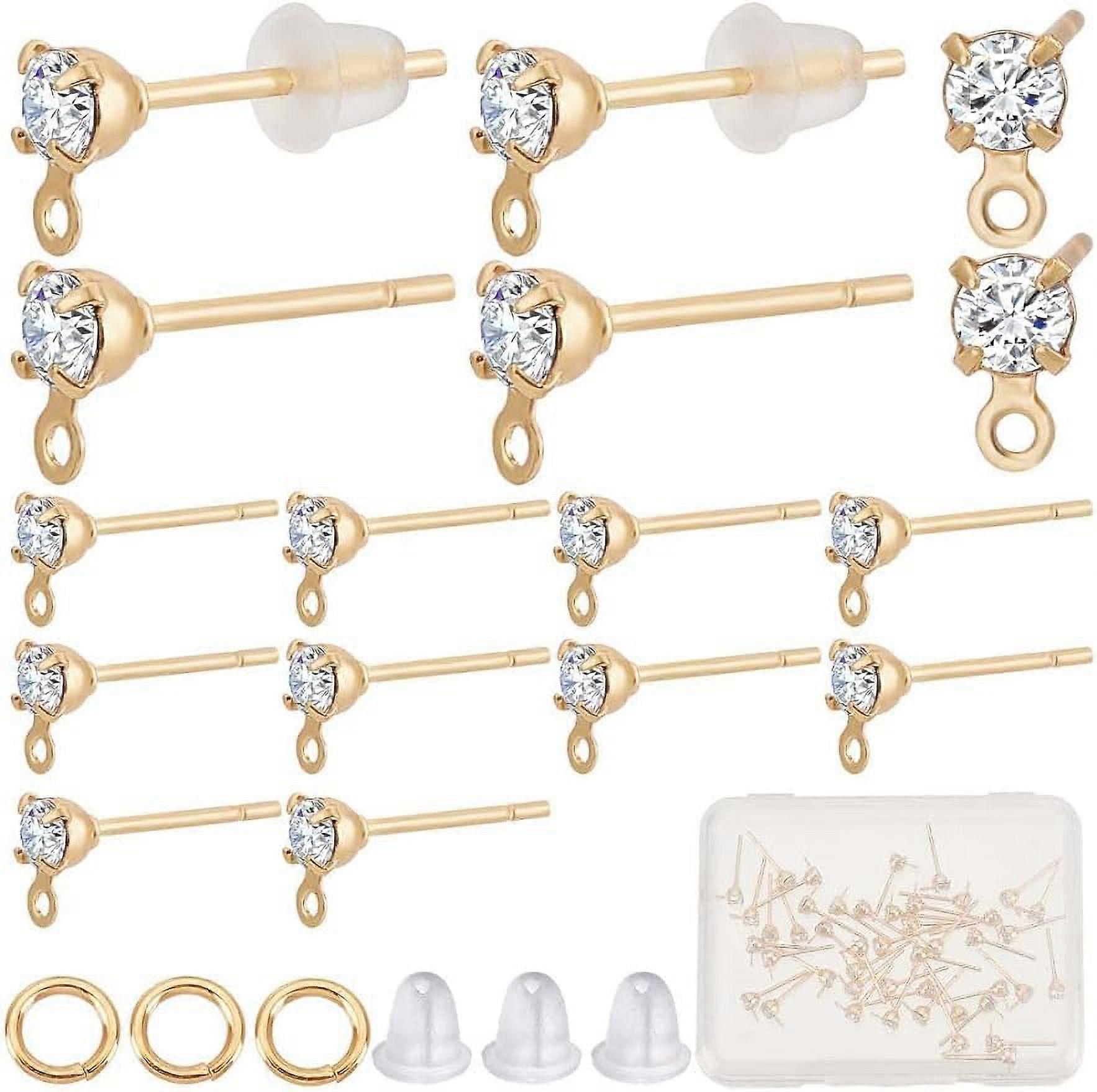 1 Box 60Pcs Real 18K Gold Plated Brass Round Earring Findings with Loop Clear Cubic Zirconia Earring Posts with 60Pcs Jump