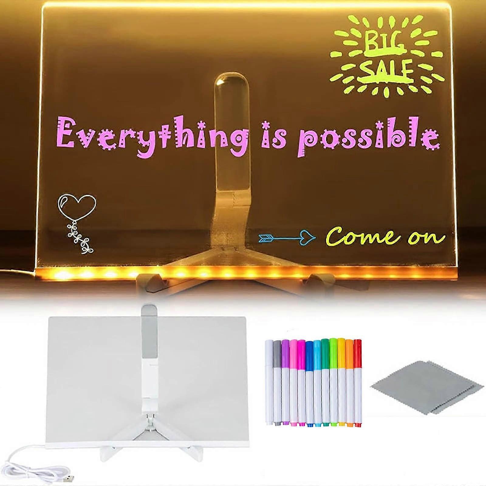 Staron LED Note Board with Colors, LED Acrylic Message Board with Light Up Stand Desktop LED Drawing Board White for Office School Home