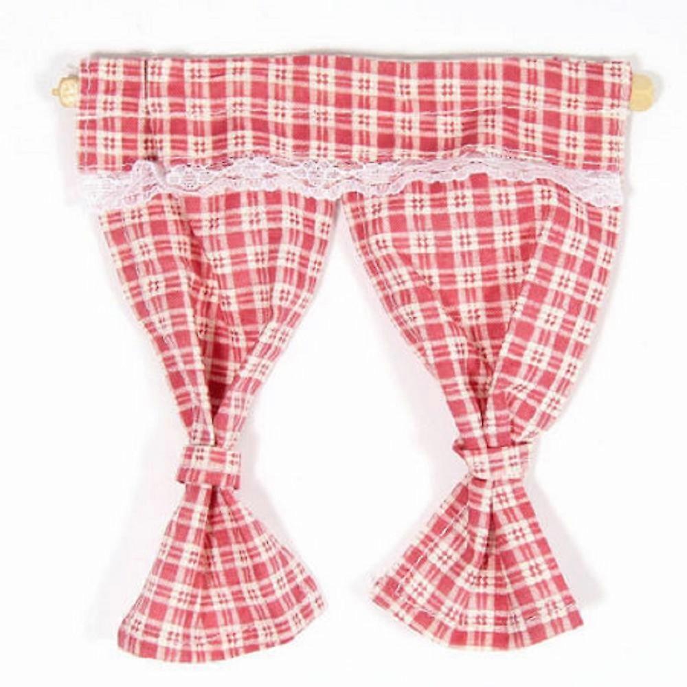 دمى البيت الأحمر الوردي Gingham الستائر تعادل مرة أخرى على السكك الحديدية 1:12 ملحق النافذة