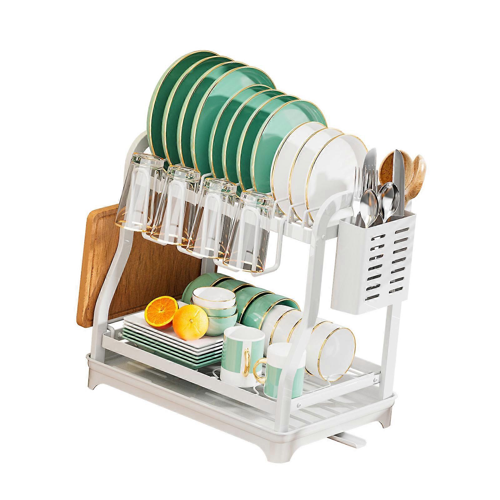 2 طبقات طبق صحن التجفيف رف تخزين المطبخ طبق تجفيف الرف استنزاف سلة كونترتوب أواني الطعام منظم لوح التصريف الأبيض