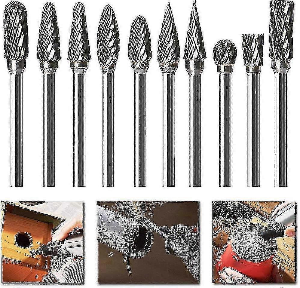 Double Cut Carbide Bits for Dremel - 1/8" Shank Silver 10Pcs Set